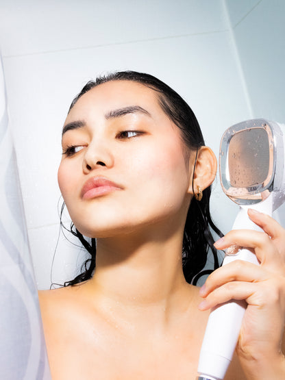 Ecclara shower filter softens water, preventing dryness for softer skin and hair.