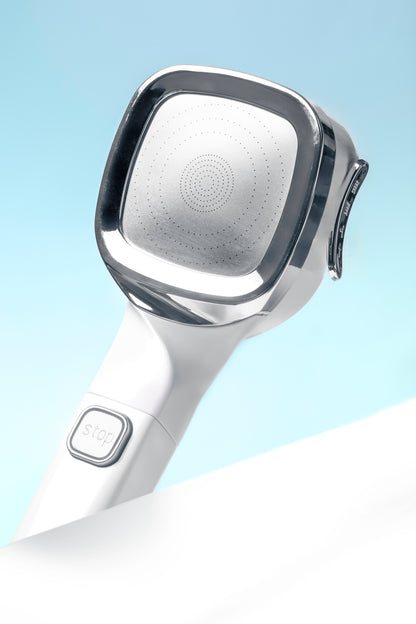 Ecclara filtered shower head removes hard water impurities for healthier skin and hair.